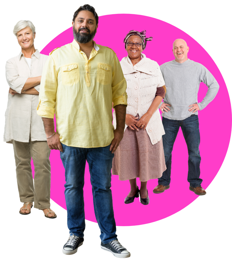 4 people standing against a white circle backdrop, looking towards the camera and smiling